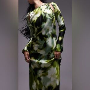 Topshop slash neck dress with arm cut out in green floral